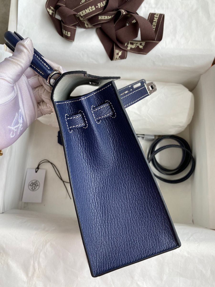 Hermes Kelly Sellier 25 Bicolor Bag in Pearl Grey and Blue Mysore Goatskin - Image 6