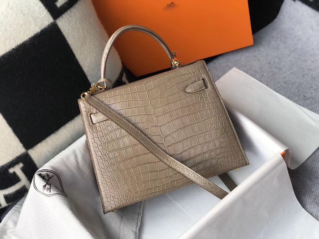 Hermes Kelly 25cm Handmade Bag In Taupe Embossed Crocodile Leather - Image 5