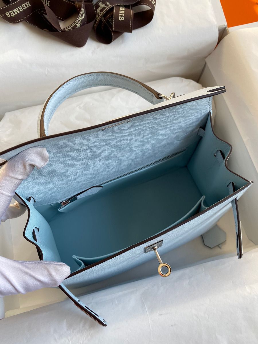Hermes Kelly Sellier 25 Handmade Bag In Blue Brume Epsom Calfskin - Image 8