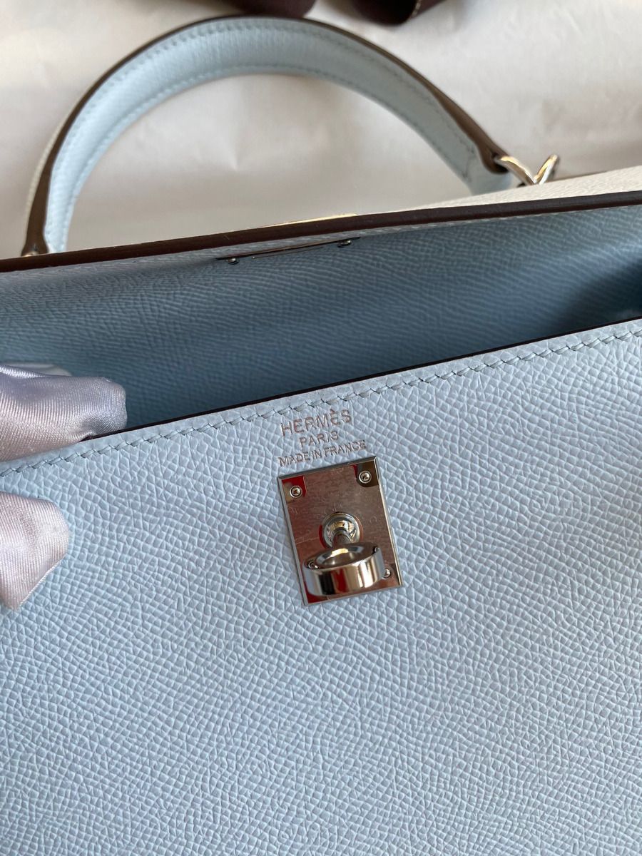 Hermes Kelly Sellier 25 Handmade Bag In Blue Brume Epsom Calfskin - Image 9