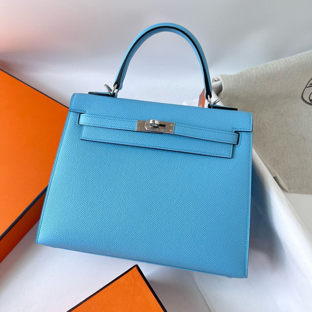 Hermes Kelly Sellier 25 Handmade Bag in Blue Azteque Epsom Calfskin - Image 3