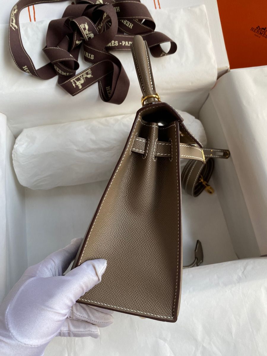 Hermes Kelly Sellier 25 Handmade Bag In Taupe Epsom Calfskin - Image 6