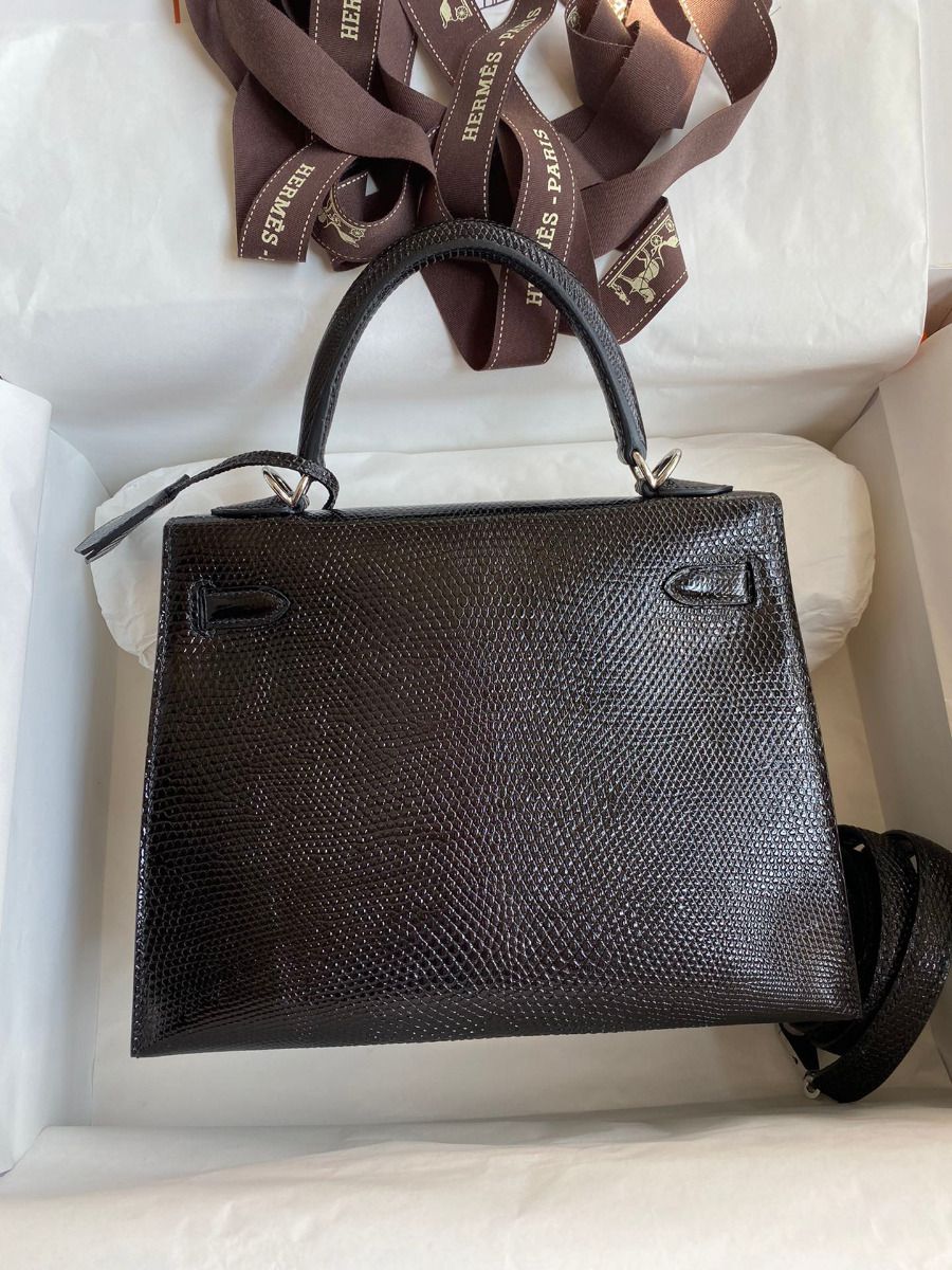 Hermes Kelly Sellier 25 Handmade Bag In Black Lizard Leather - Image 3