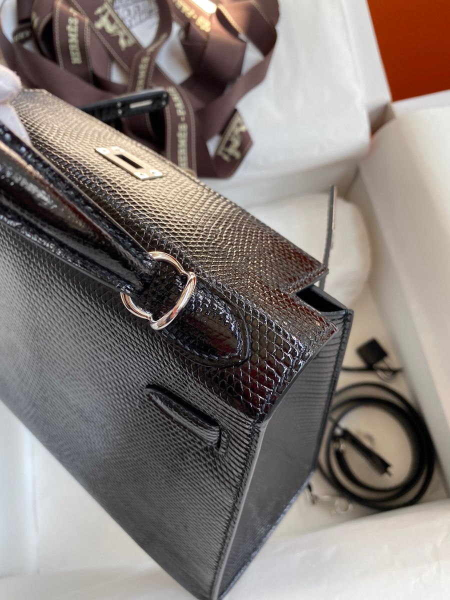 Hermes Kelly Sellier 25 Handmade Bag In Black Lizard Leather - Image 7