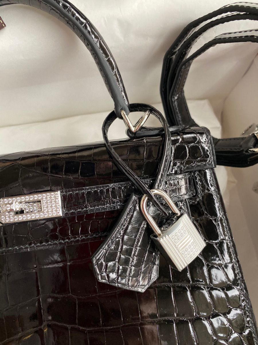 Hermes Kelly Sellier 25 Diamond Bag In Black Crocodile Niloticus Shiny Skin - Image 4