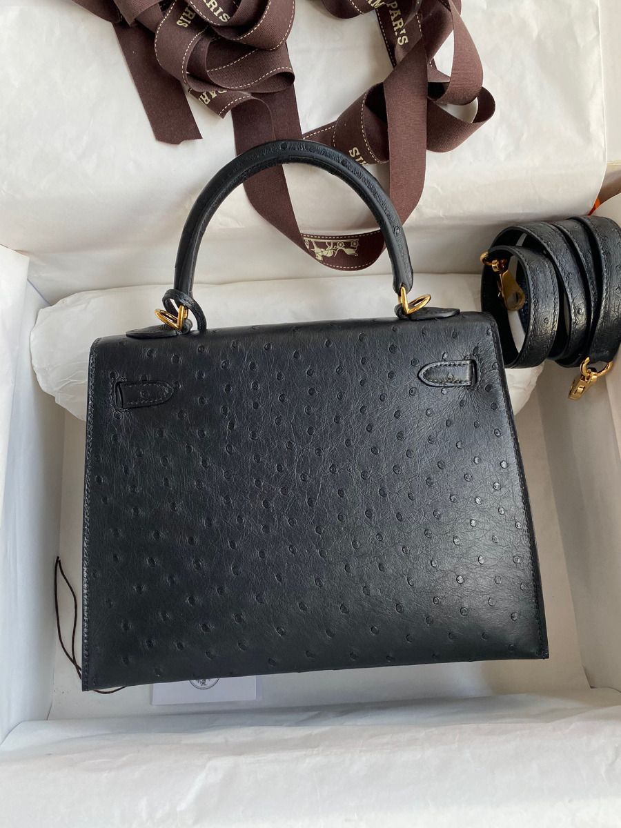 Hermes Kelly Sellier 25 Handmade Bag In Black Ostrich Leather - Image 3