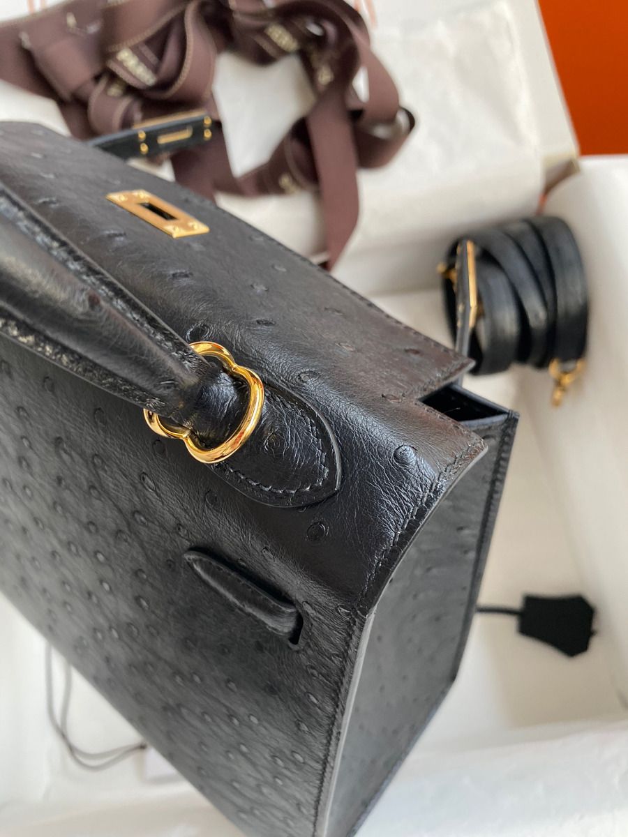 Hermes Kelly Sellier 25 Handmade Bag In Black Ostrich Leather - Image 7