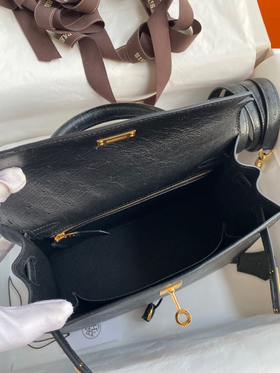 Hermes Kelly Sellier 25 Handmade Bag In Black Ostrich Leather - Image 9