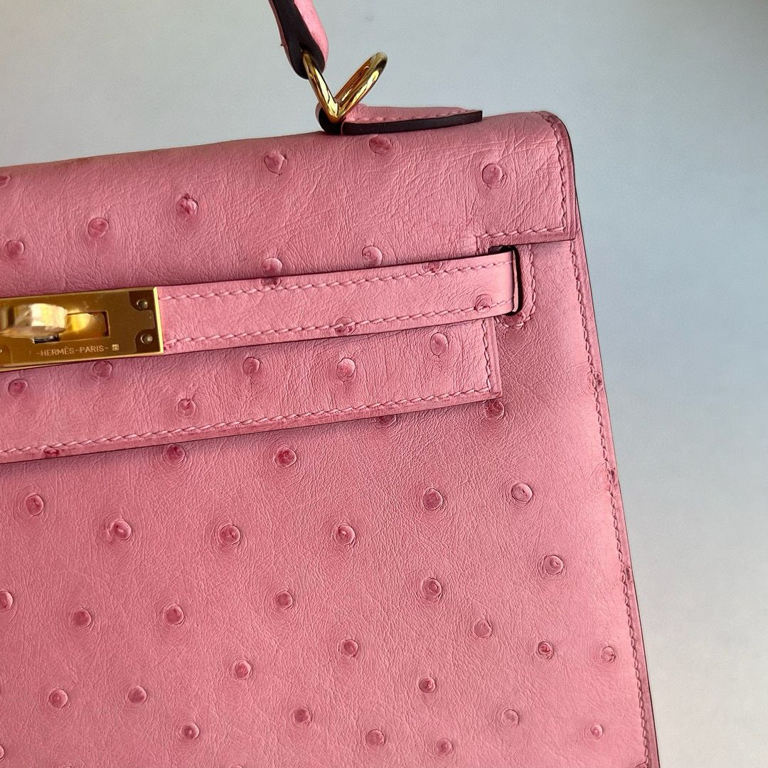 Hermes Kelly Sellier 25 Handmade Bag in Rose Bubblegum Ostrich Leather - Image 4