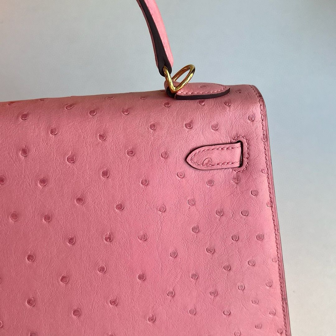 Hermes Kelly Sellier 25 Handmade Bag in Rose Bubblegum Ostrich Leather - Image 7