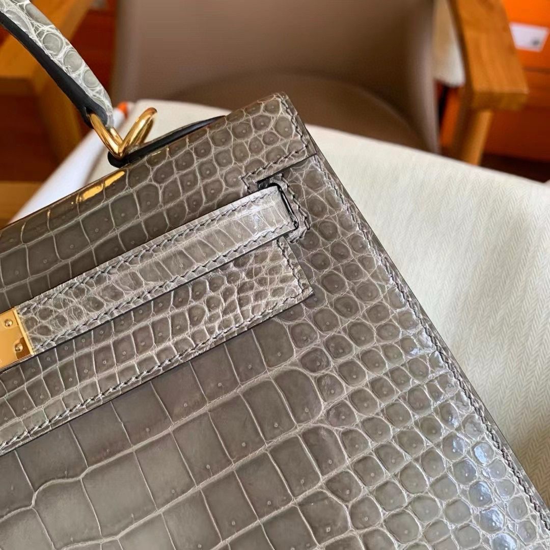 Hermes Kelly 25 Handmade Bag in Tourterelle Porosus Crocodile Shiny Skin - Image 6