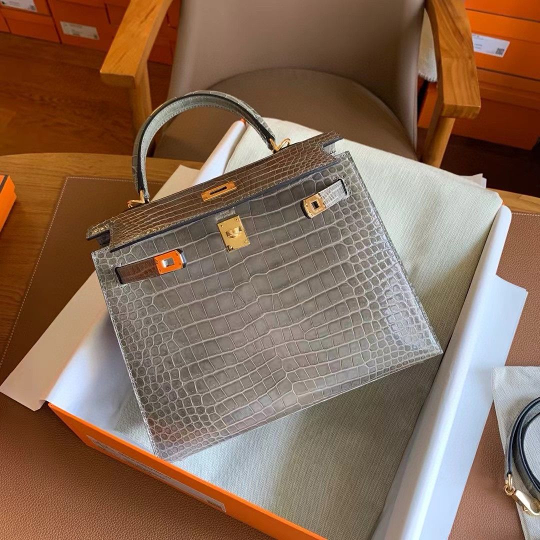 Hermes Kelly 25 Handmade Bag in Tourterelle Porosus Crocodile Shiny Skin - Image 8