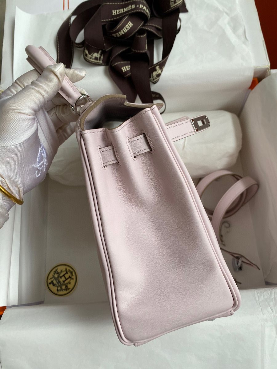 Hermes Kelly Retourne 25 Handmade Bag In Mauve Pale Swift Calfskin - Image 6