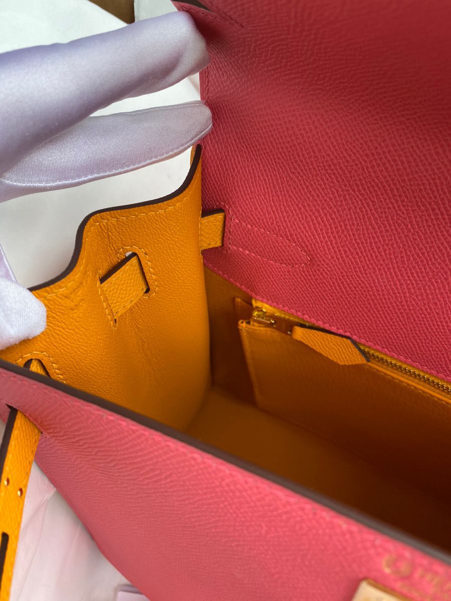 Hermes Kelly Sellier 28 Bicolor Bag in Rose Lipstick and Yellow Epsom Calfskin - Image 10