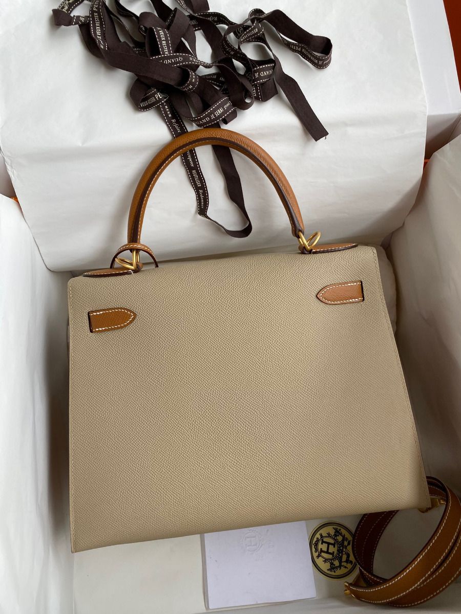 Hermes Kelly Sellier 28 Bicolor Bag in Trench and Gold Epsom Calfskin - Image 3