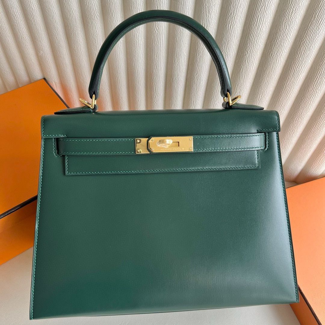 Hermes Kelly Sellier 28 Handmade Bag in Vert Fonce Box Calfskin