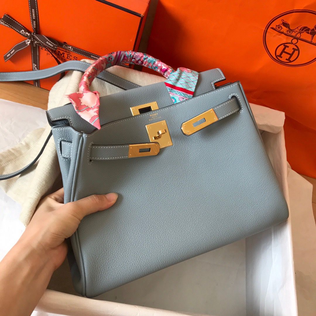 Hermes Kelly Retourne 28 Handmade Bag In Blue Lin Clemence Leather - Image 9