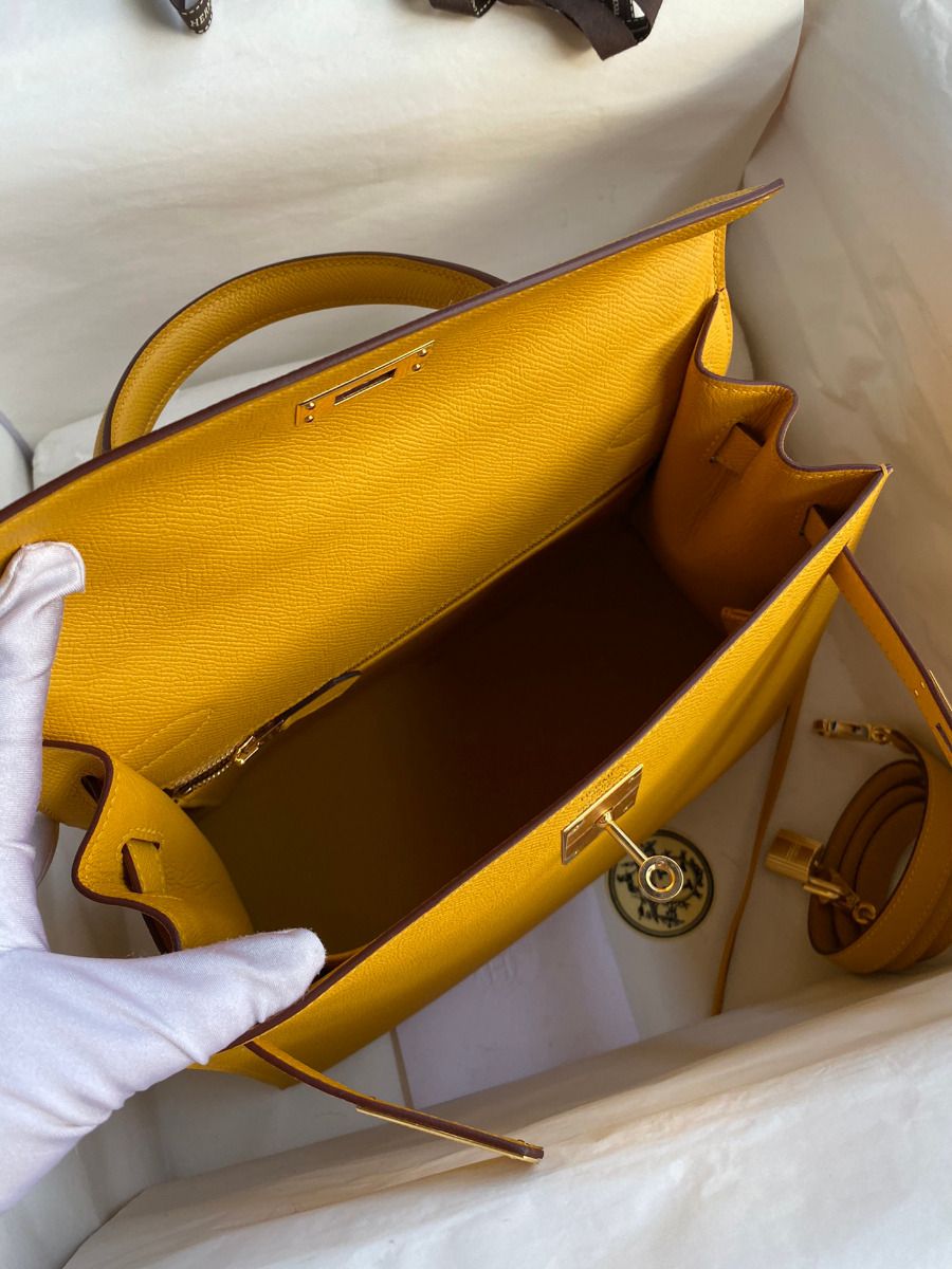 Hermes Kelly Sellier 28 Handmade Bag In Jaune Ambre Epsom Calfskin - Image 8