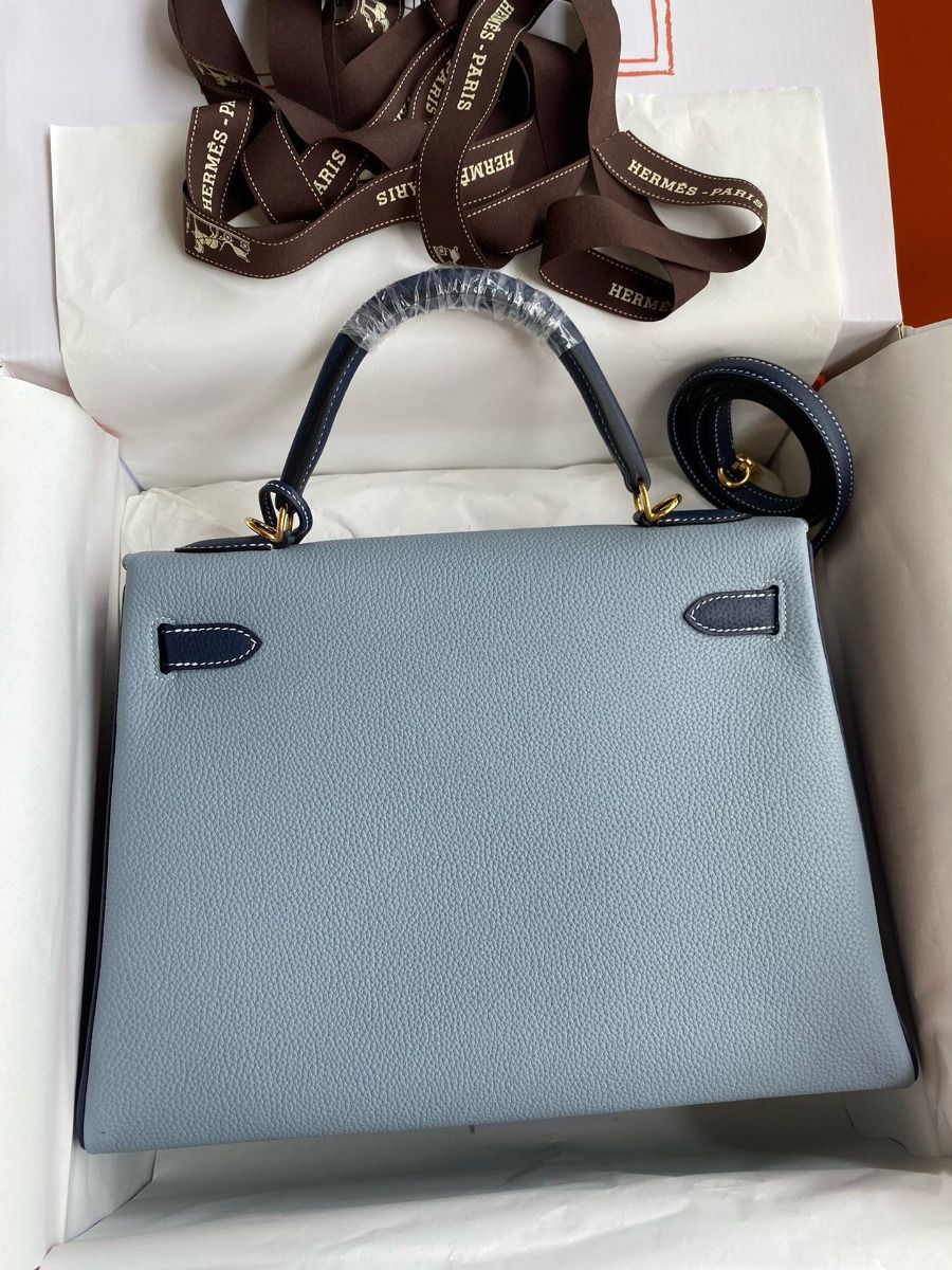 Hermes HSS Kelly 32 Bicolor Bag in Blue Lin and Blue Clemence Leather - Image 3