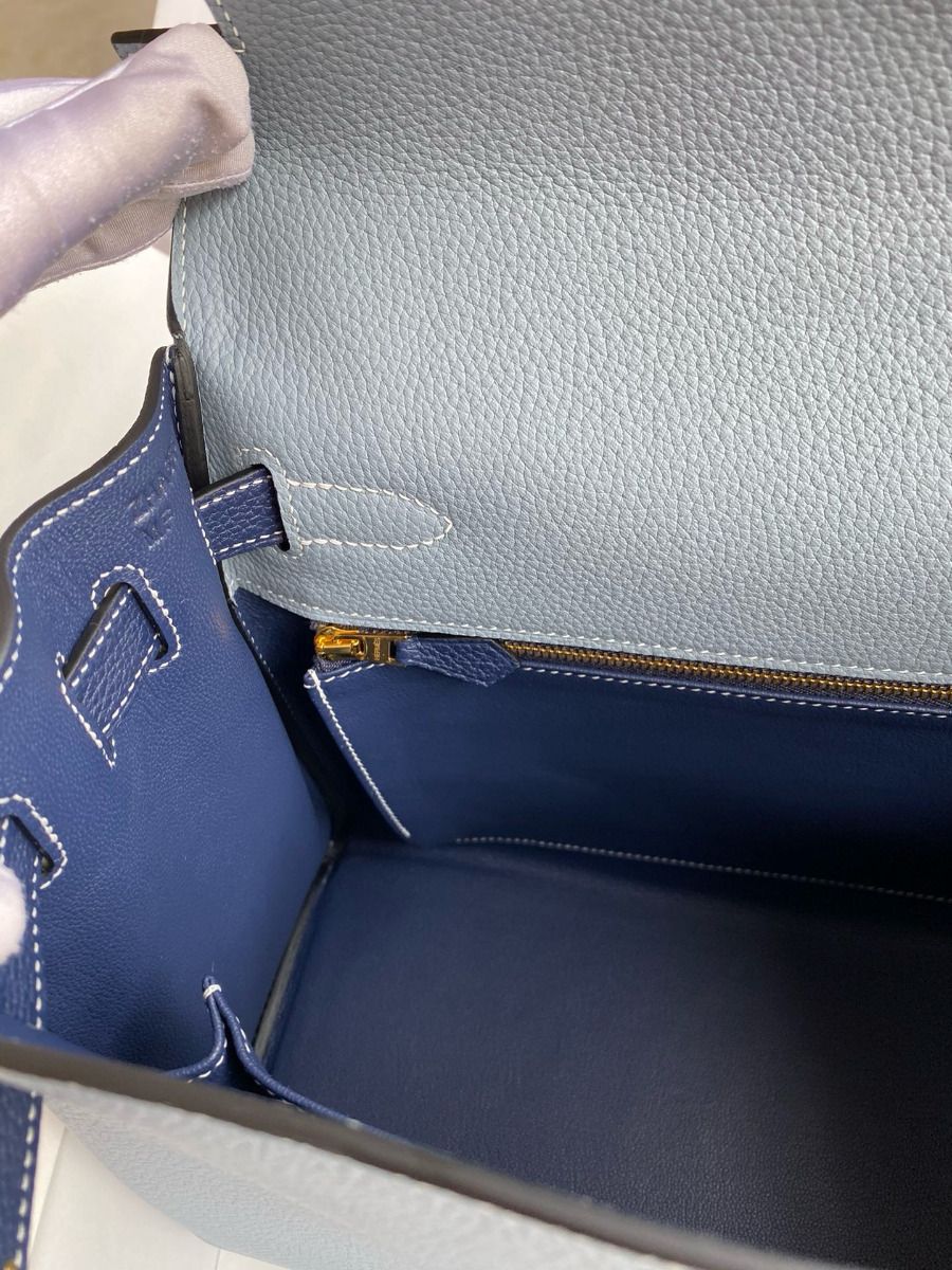 Hermes HSS Kelly 32 Bicolor Bag in Blue Lin and Blue Clemence Leather - Image 10