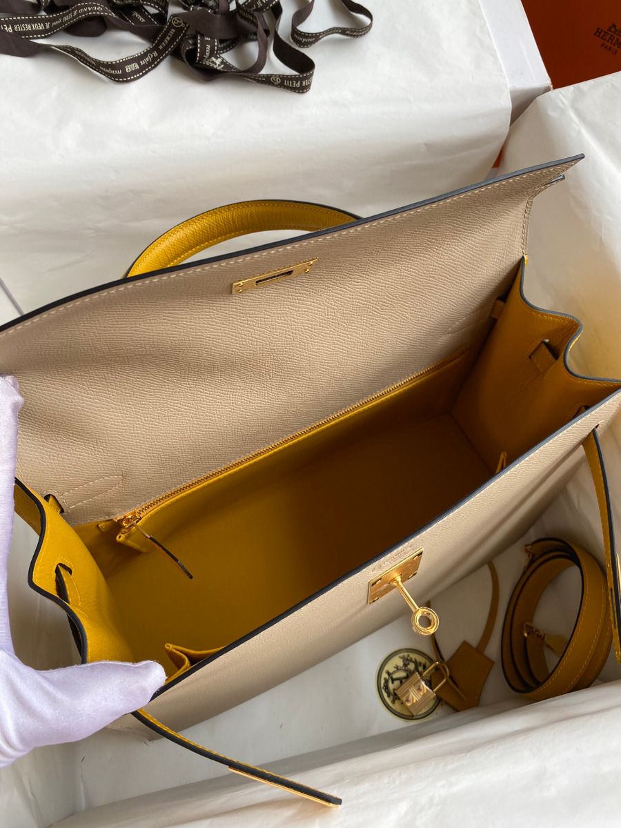 Hermes Kelly Sellier 32 Bicolor Bag in Trench and Yellow Epsom Calfskin - Image 9