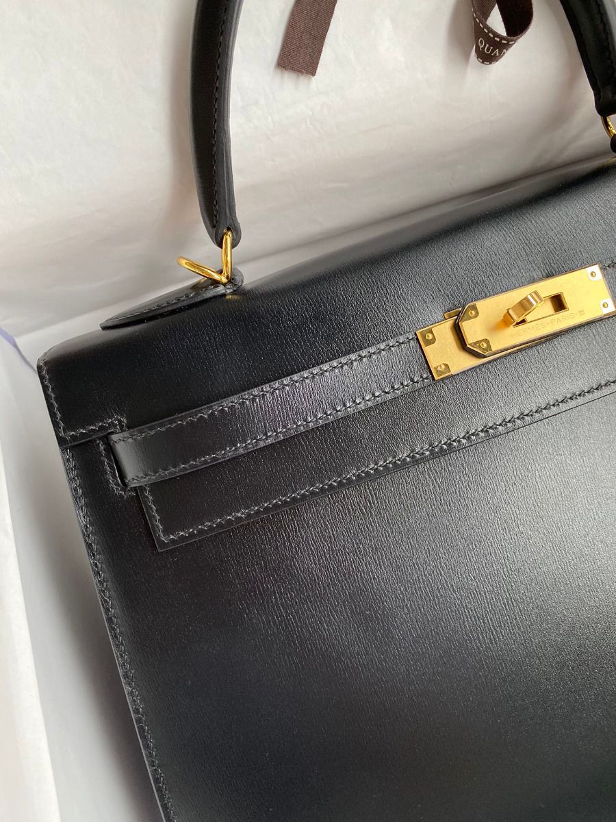 Hermes Kelly Sellier 32 Handmade Bag In Black Box Calfskin - Image 4