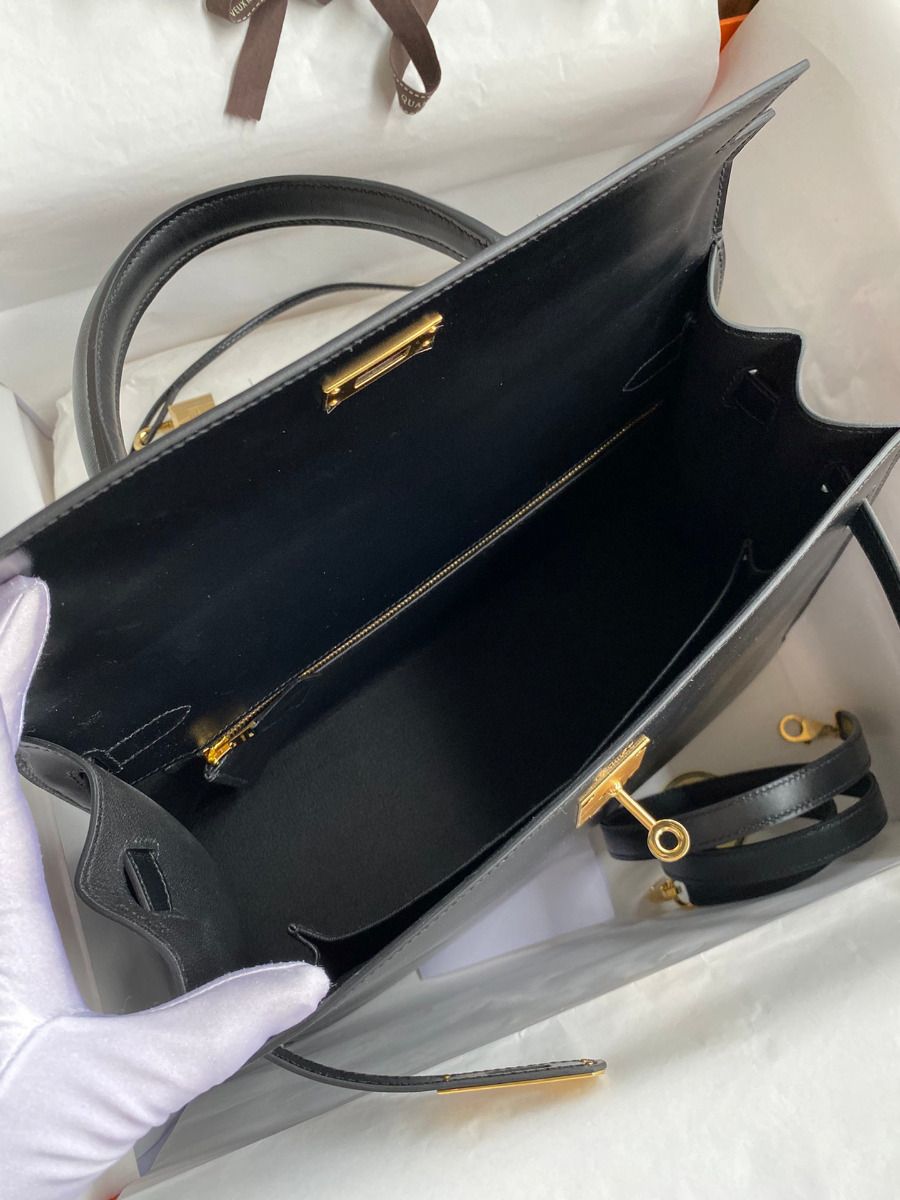 Hermes Kelly Sellier 32 Handmade Bag In Black Box Calfskin - Image 7