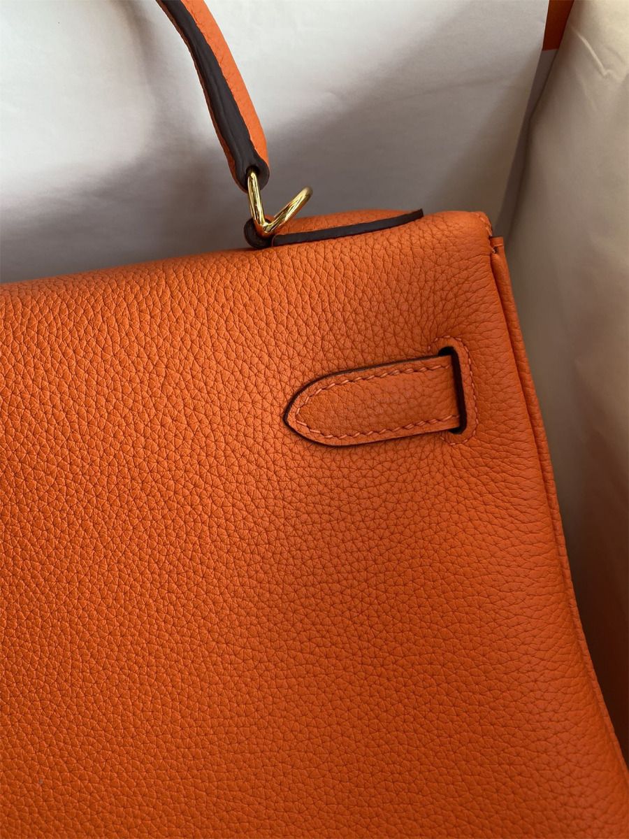 Hermes Kelly Retourne 32 Handmade Bag In Orange Clemence Leather - Image 5