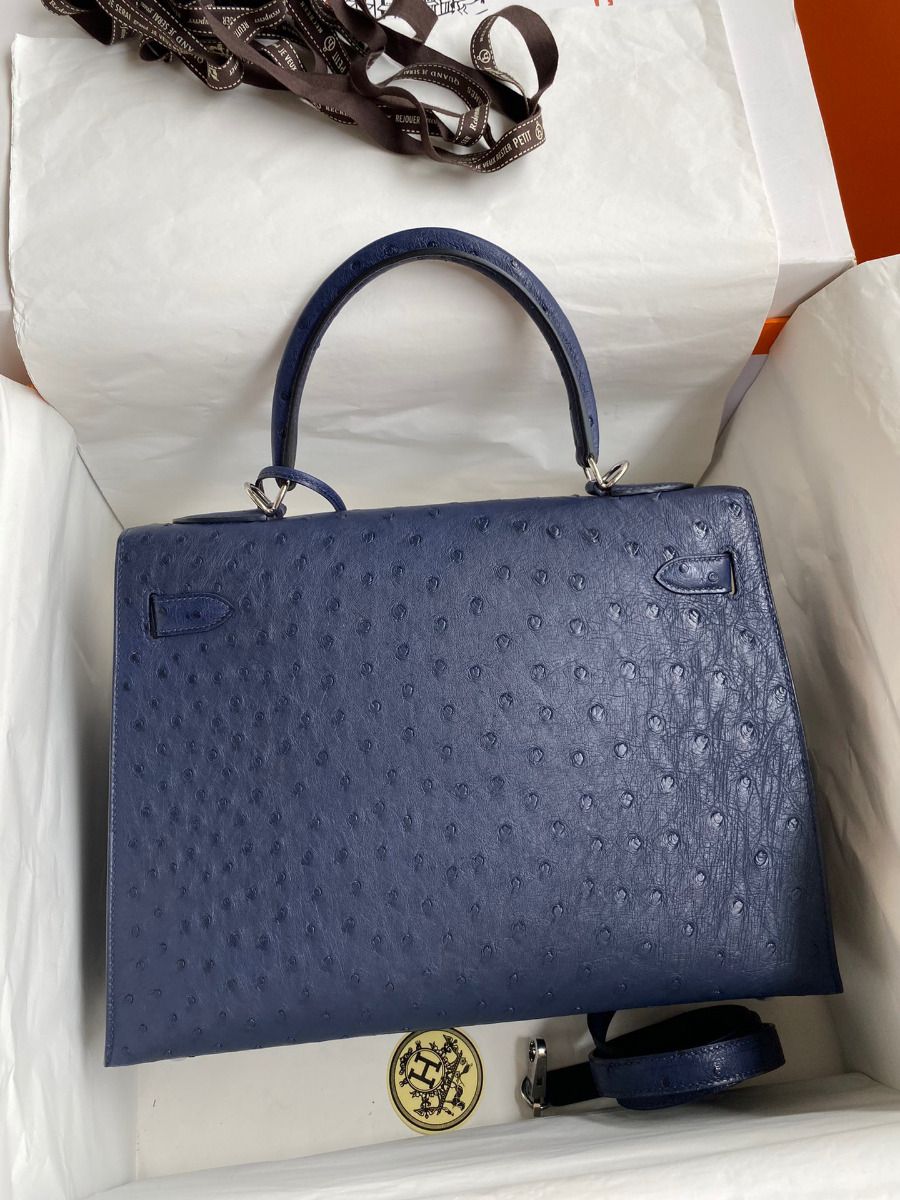 Hermes Kelly Sellier 32 Handmade Bag In Blue Iris Ostrich Leather - Image 3
