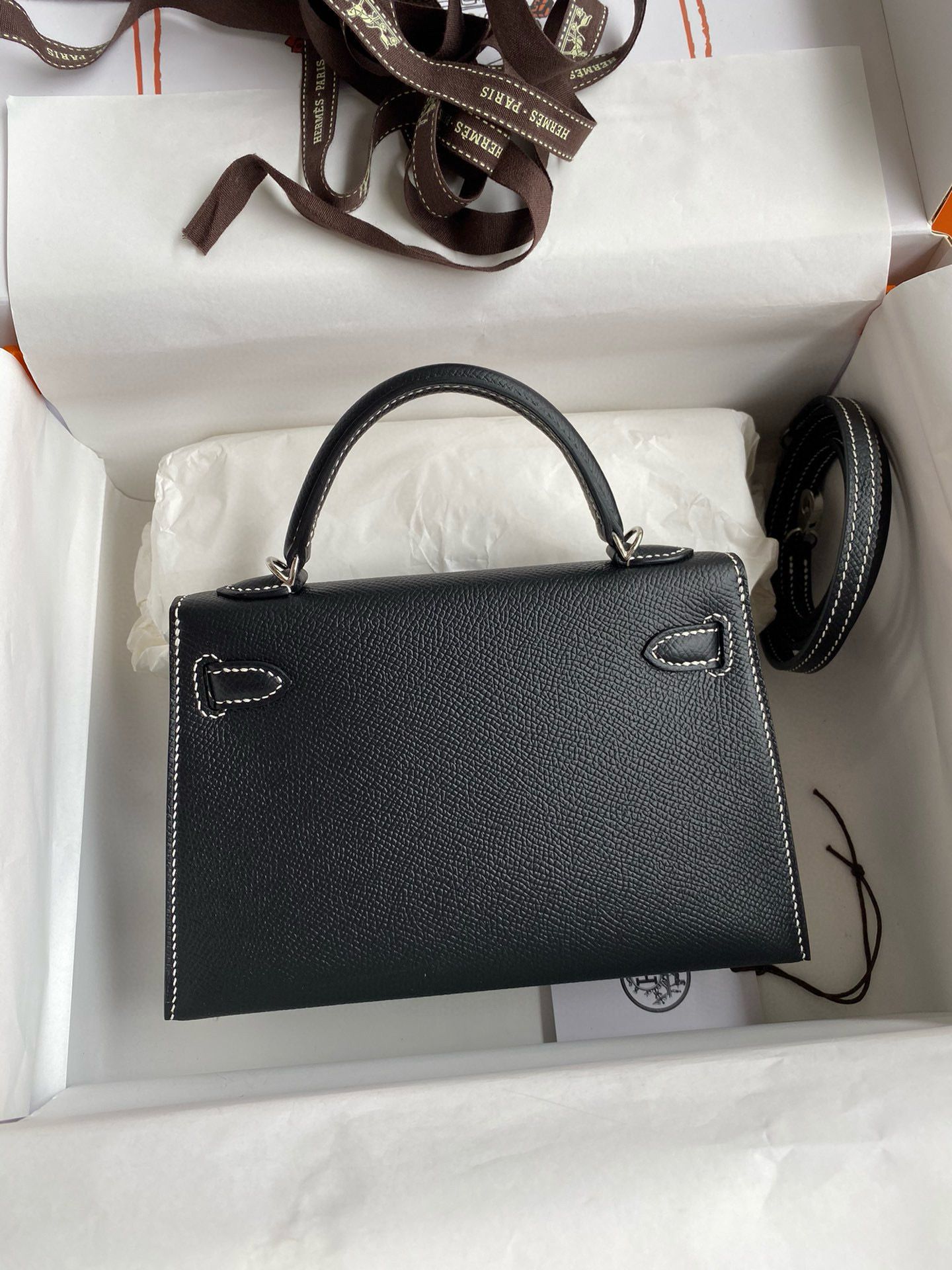 Hermes Kelly Mini II Sellier Verso Handmade Bag in Black and Blue Brume Epsom Calfskin - Image 3