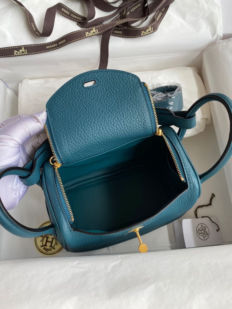 Hermes Mini Lindy Handmade Bag In Vert Bosphore Clemence Leather - Image 8
