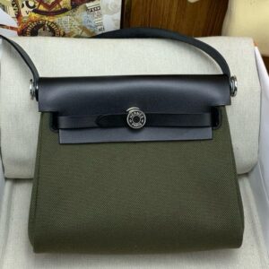 Hermes Herbag Zip 20 Bag in Green Canvas and Black Hunter Calfskin