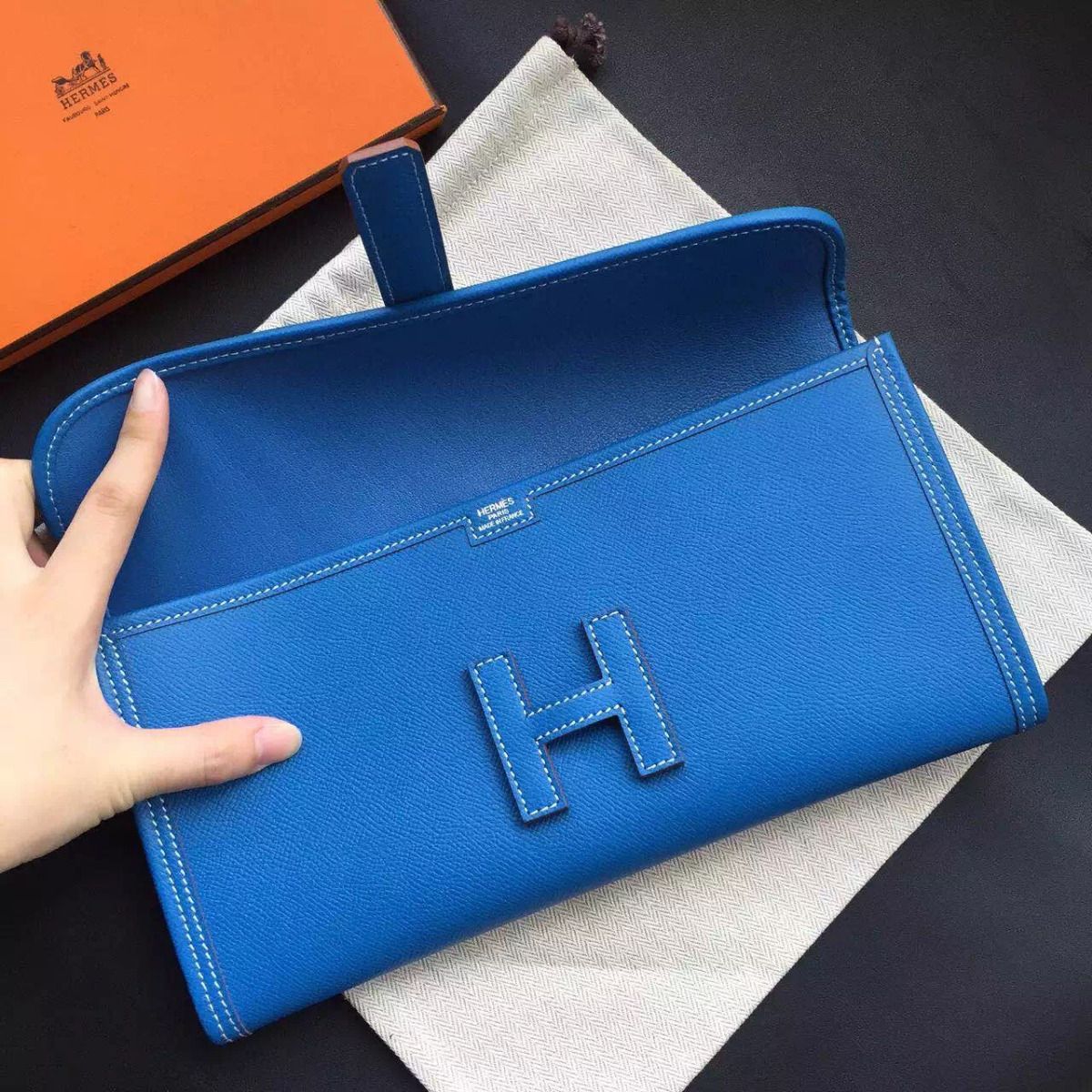 Hermes Jige Elan 29 Clutch Bag In Blue Epsom Calfskin - Image 6