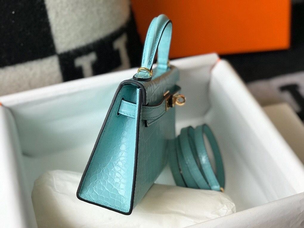Hermes Kelly Mini II Handmade Bag In Blue Atoll Crocodile Embossed Leather - Image 4