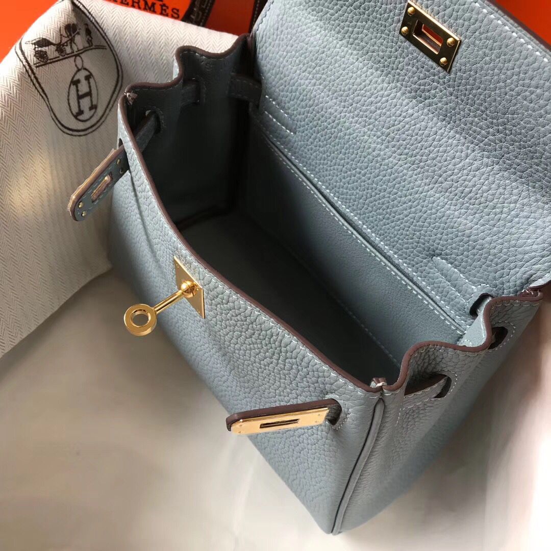 Hermes Kelly 20cm Bag In Blue Lin Clemence Leather GHW - Image 9