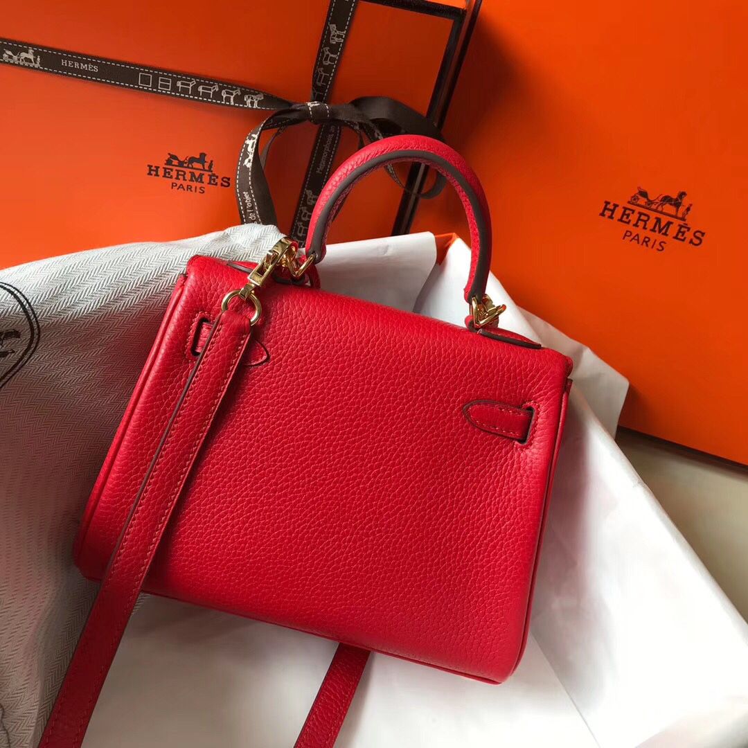 Hermes Kelly 20cm Bag In Red Clemence Leather GHW - Image 3