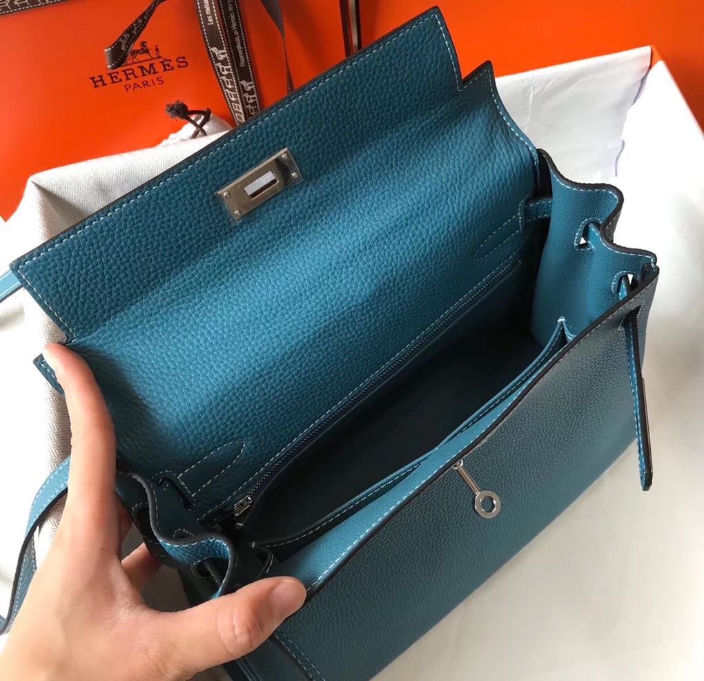 Hermes Kelly 25cm Retourne Bag In Blue Jean Clemence Leather - Image 9