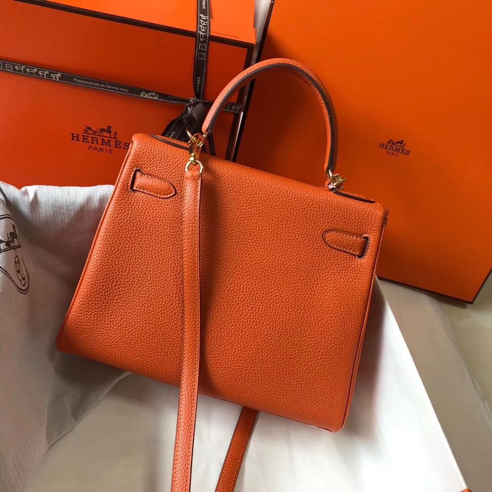 Hermes Kelly 25cm Retourne Bag In Orange Clemence Leather - Image 3