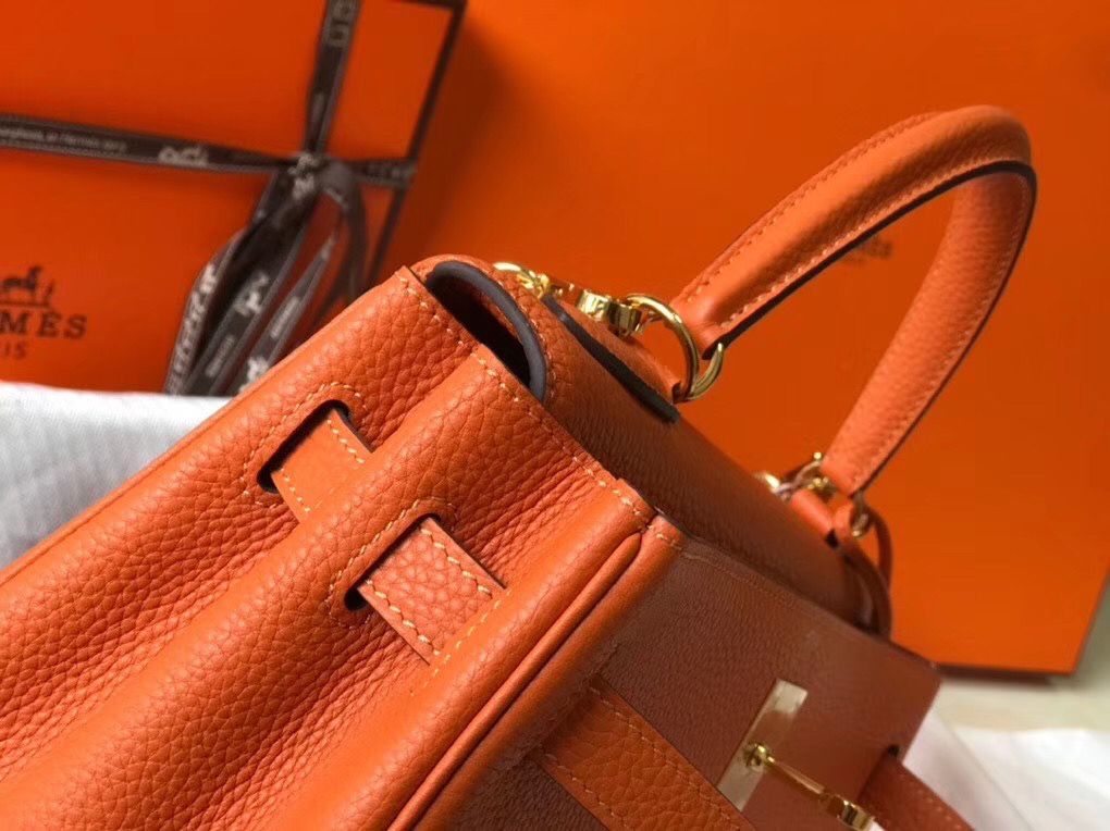 Hermes Kelly 25cm Retourne Bag In Orange Clemence Leather - Image 4