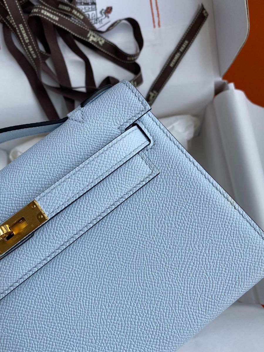 Hermes Kelly Pochette Handmade Bag In Blue Brume Epsom Calfskin - Image 5