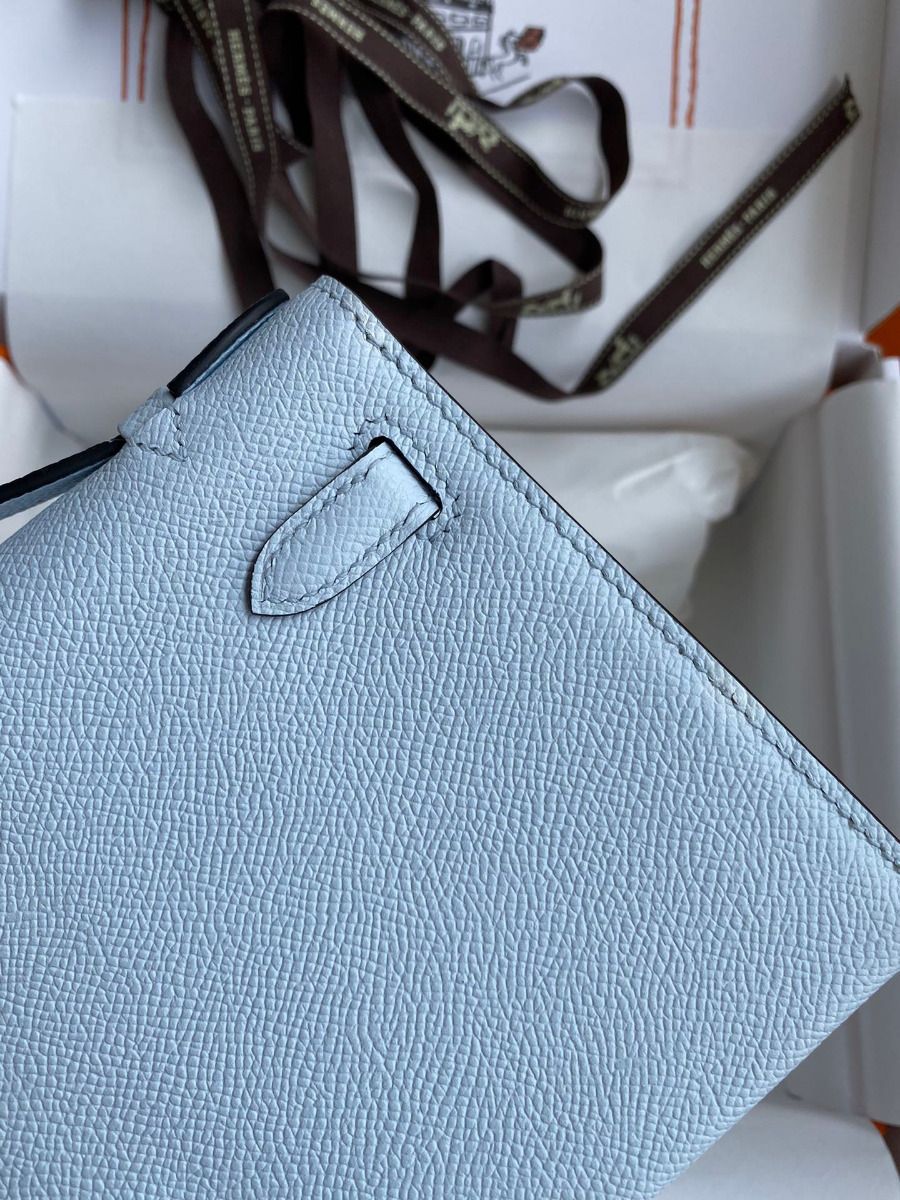 Hermes Kelly Pochette Handmade Bag In Blue Brume Epsom Calfskin - Image 6