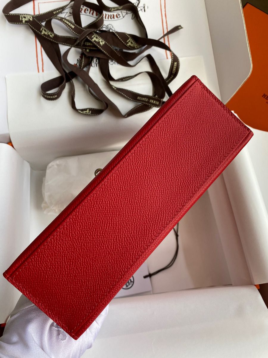 Hermes Kelly Pochette Handmade Bag In Red Epsom Calfskin - Image 4