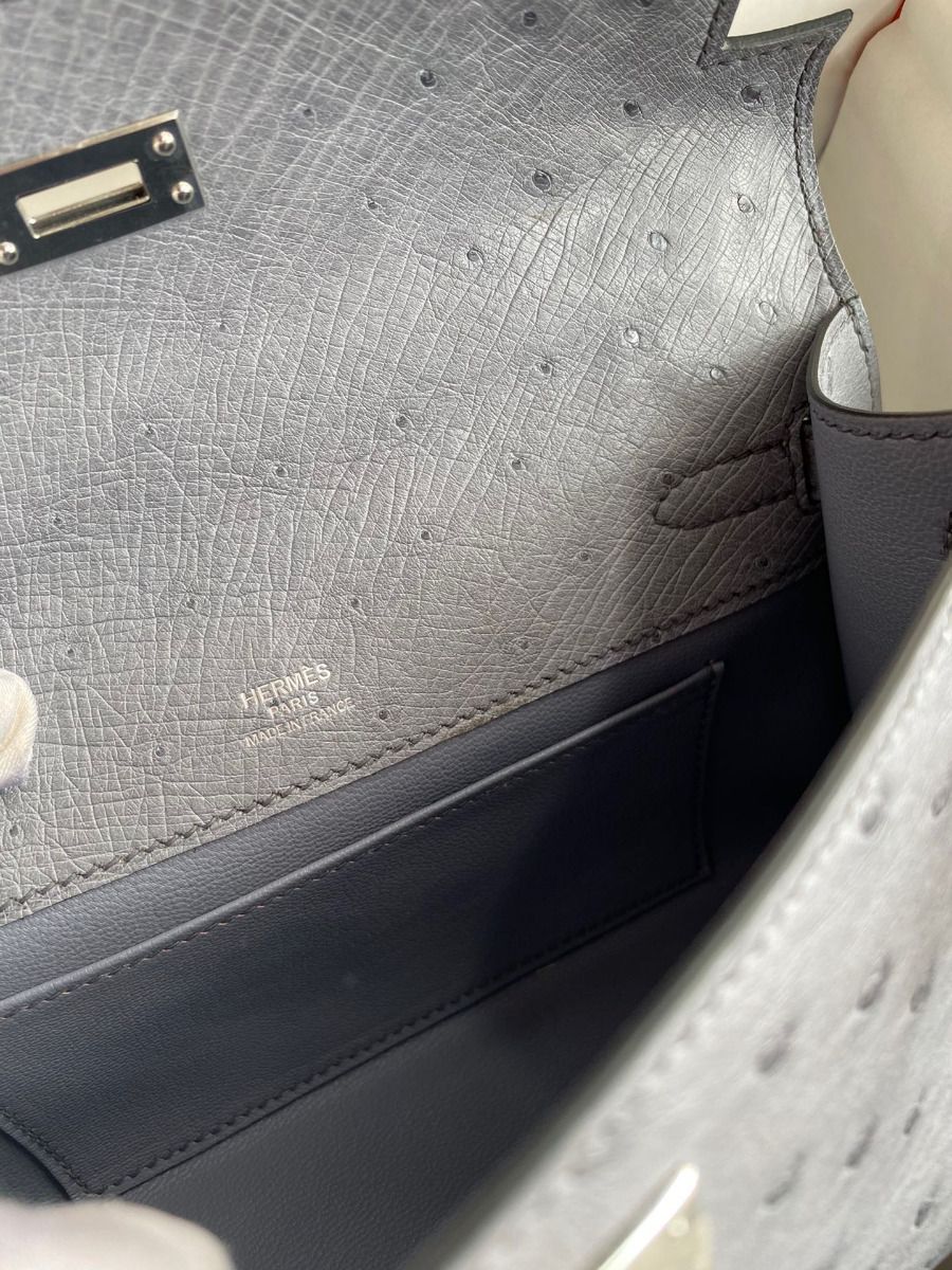 Hermes Kelly Pochette Handmade Bag In Gris Agate Ostrich Leather - Image 10