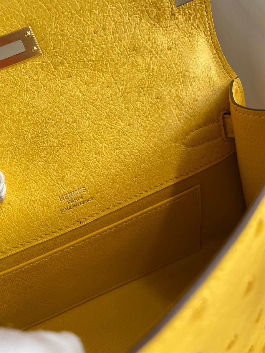 Hermes Kelly Pochette Handmade Bag In Jaune Ambre Ostrich Leather - Image 8