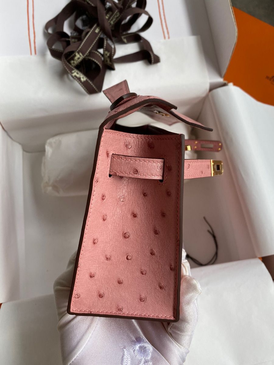 Hermes Kelly Pochette Handmade Bag In Terre Cuite Ostrich Leather - Image 8