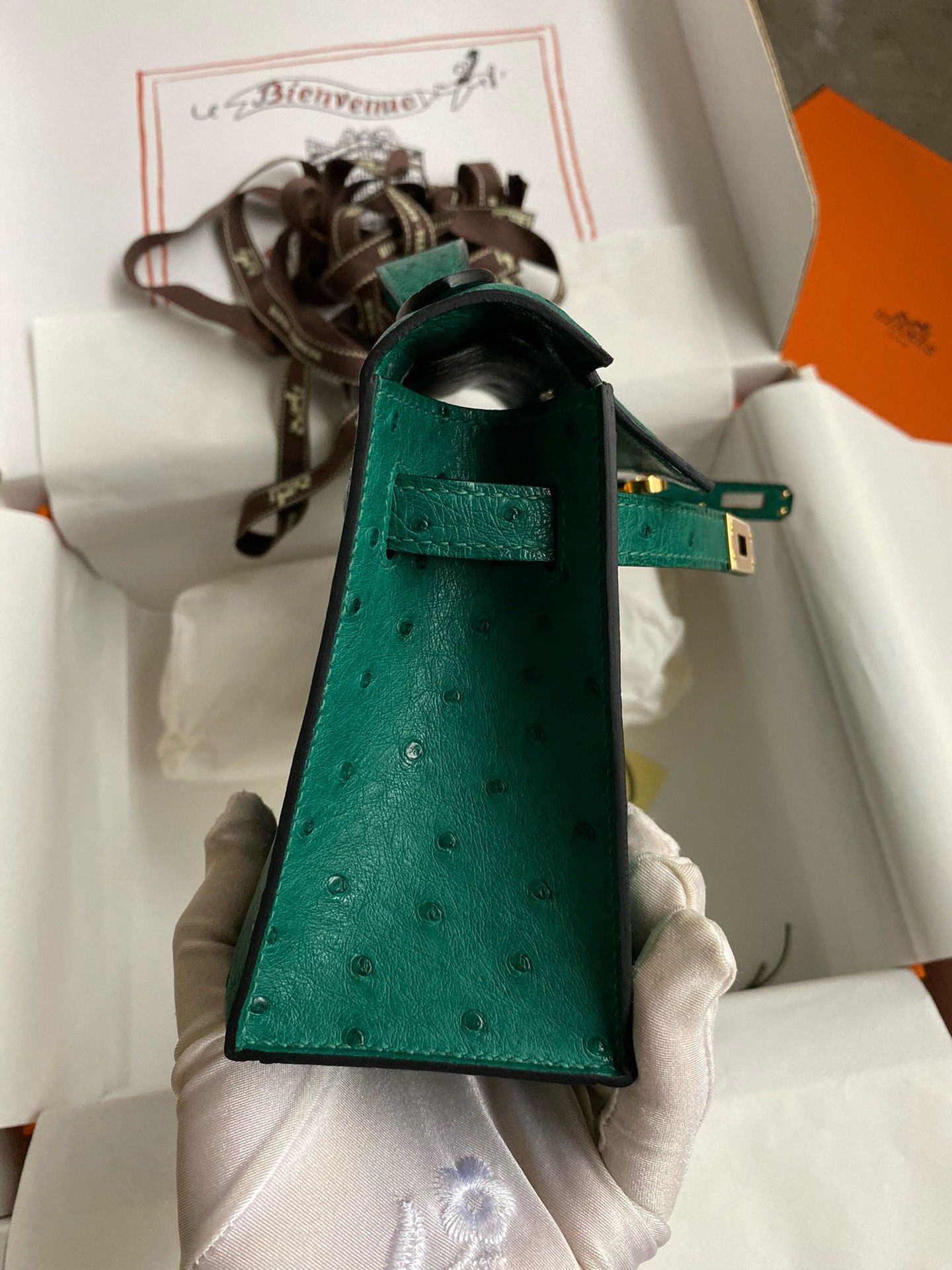 Hermes Kelly Pochette Handmade Bag in Vert Vertigo Bordeaux Ostrich Leather - Image 3