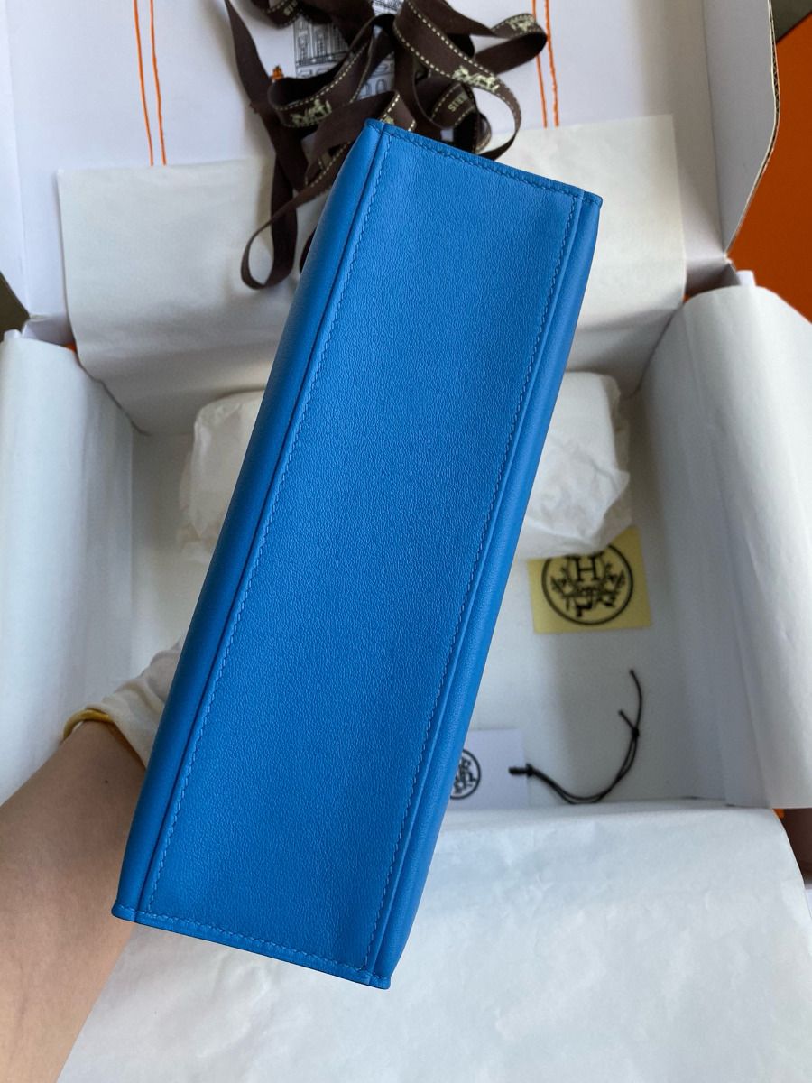Hermes Kelly Pochette Handmade Bag In Blue Zanzibar Swift Calfskin - Image 4