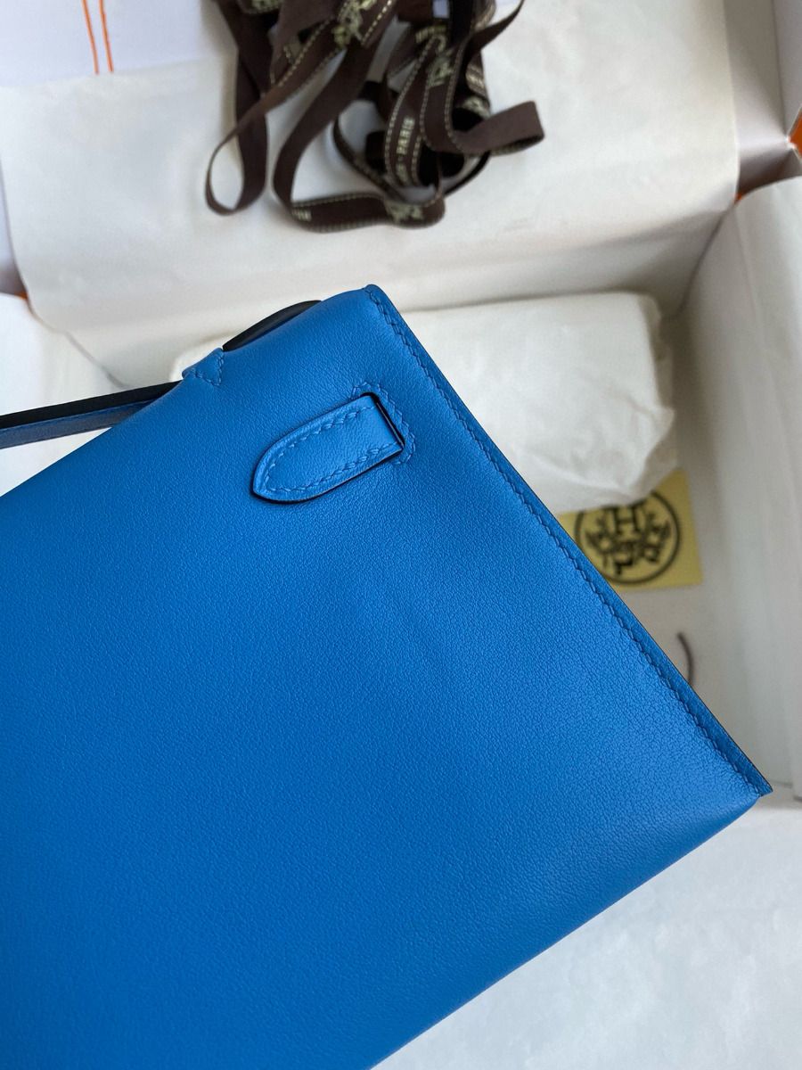 Hermes Kelly Pochette Handmade Bag In Blue Zanzibar Swift Calfskin - Image 6