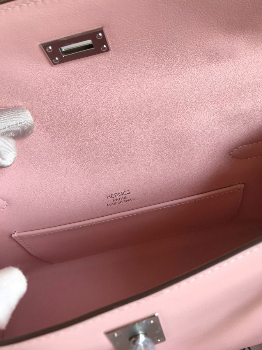 Hermes Kelly Pochette Handmade Bag In Rose Sakura Swift Calfskin - Image 9