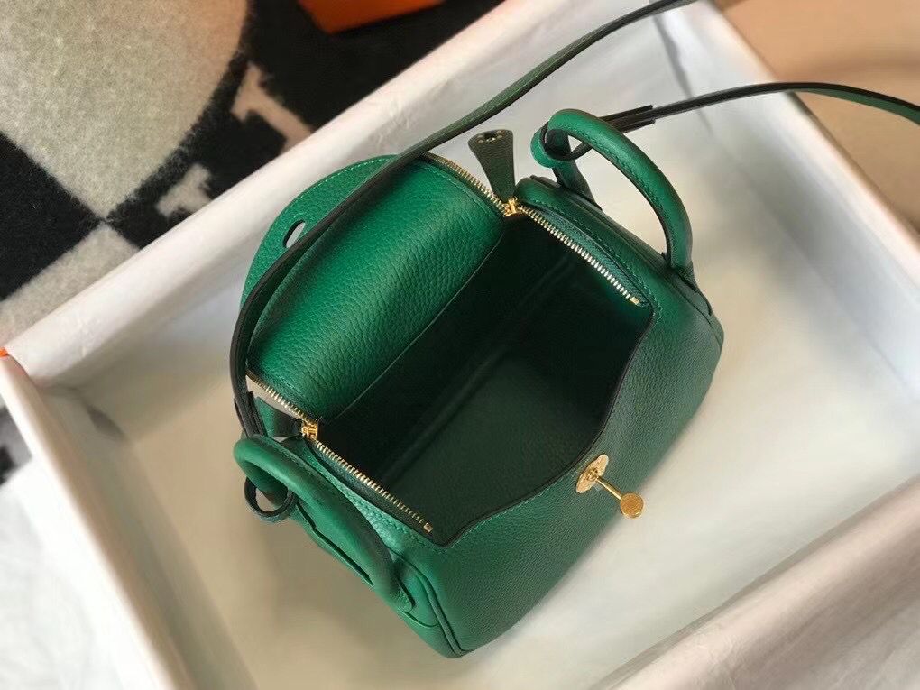 Hermes Lindy Mini Bag In Green Clemence Leather GHW - Image 9